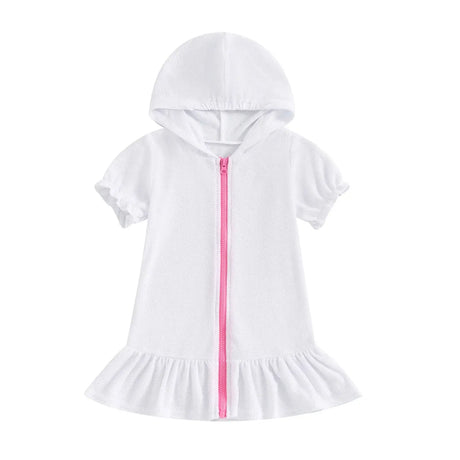 Toddler girls short sleeve hooded dress in white with pink zipper and flared hem, perfect for ages 1-3 years.