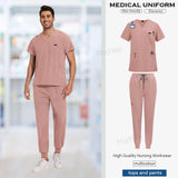 Men's short-sleeved pink scrub uniform set, breathable and comfortable, perfect for medical and nursing professionals.