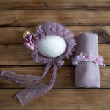 Newborn photography props: lavender bonnet, blanket, and flower crown set for baby girls, ideal for photoshoots.