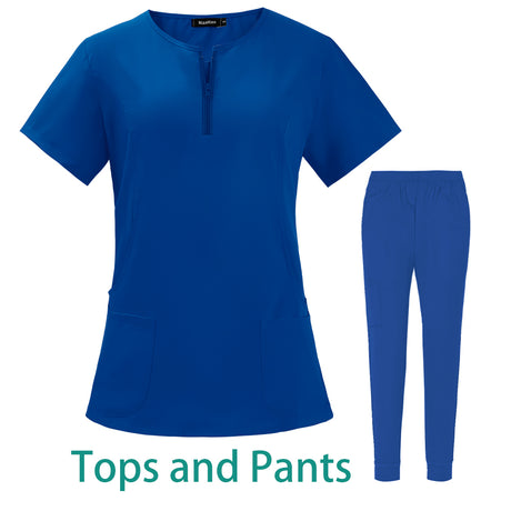 7-color nursing work uniform in blue with zipper v-neck top and matching pants for women and men.