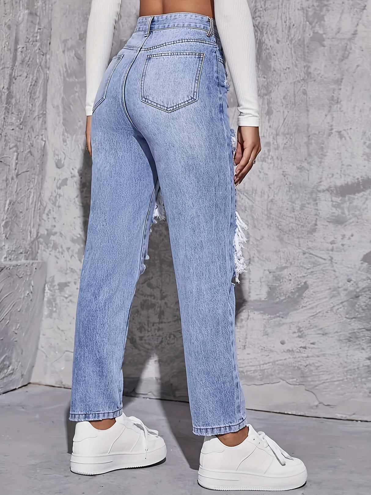 Women Retro Hole Wide-Leg Jeans