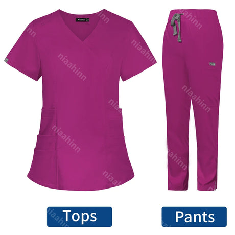 Solid color scrub set in vibrant magenta, featuring top with pockets and pants, ideal for veterinary and beauty workwear.