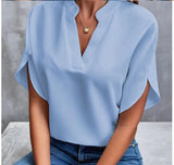 Women Solid V-Neck Short Sleeve Blouse