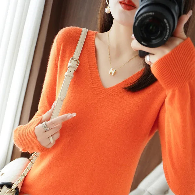 Women's V-Neck Knitted Pullover Sweater