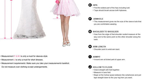 Measurement guide for wedding dress fitting including hips, armhole, shoulder, arm length, armpit, and hollow to floor.