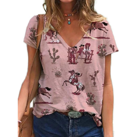 Western cowgirl graphic V-neck T-shirt featuring a floral and cowboy design, perfect for casual wear.