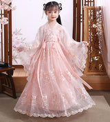 Girl in a pink Chinese Hanfu dress with floral embroidery, perfect for cosplay or special occasions.