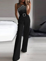 GlimmaStrap™ – Multi-Strap Rhinestone Jumpsuit (Black, Glamorous & Eye-Catching)