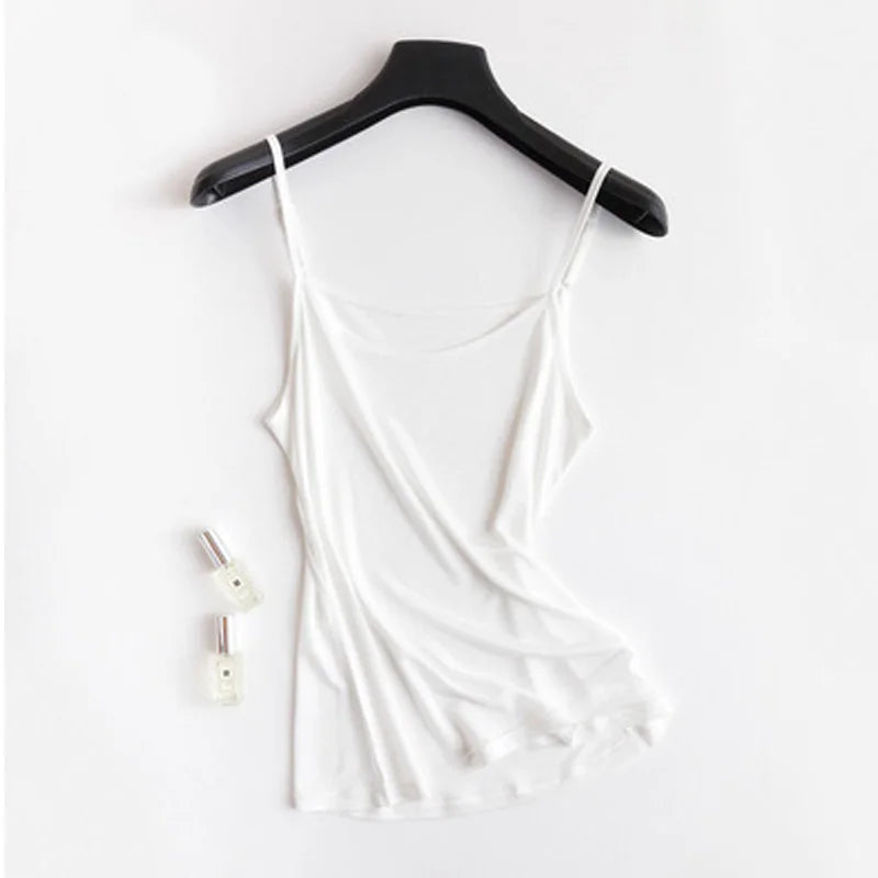 SilkAura™ silk blend knit camisole in white, perfect soft lingerie for summer, featuring breathable fabric and a stylish design.