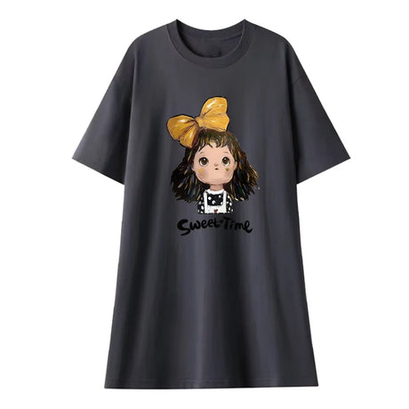 Black casual t-shirt dress with cartoon girl graphic and bow, perfect for summer wear.