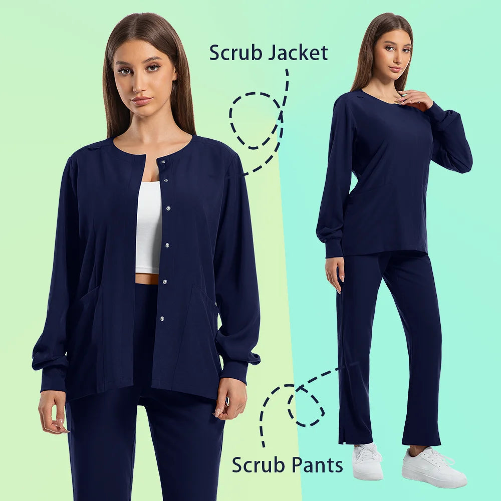 Women's navy dustproof nursing scrubs set featuring a scrub jacket and pants, perfect for medical and clinical environments.