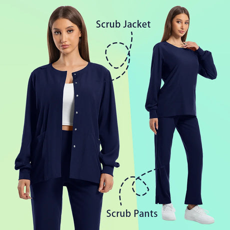 Women's navy dustproof nursing scrubs set featuring a scrub jacket and pants, perfect for medical and clinical environments.