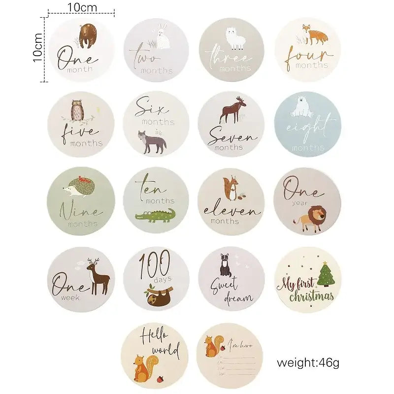 Set of 12 baby milestone cards featuring animals and months for newborn photography, 10cm round design.