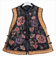 Elegant black Hanbok vest with floral embroidery and gold trim, perfect for traditional Asian attire.