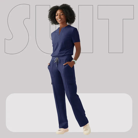 Woman wearing navy blue hospital scrub suit, ideal for healthcare and veterinary professionals in various work settings.