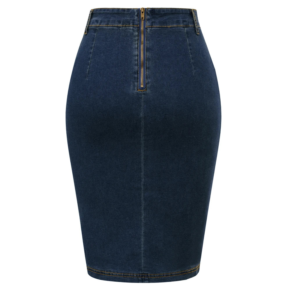 BuckleCurve™ – Ruched Belt Bodycon Skirt (High Waist Retro Denim)