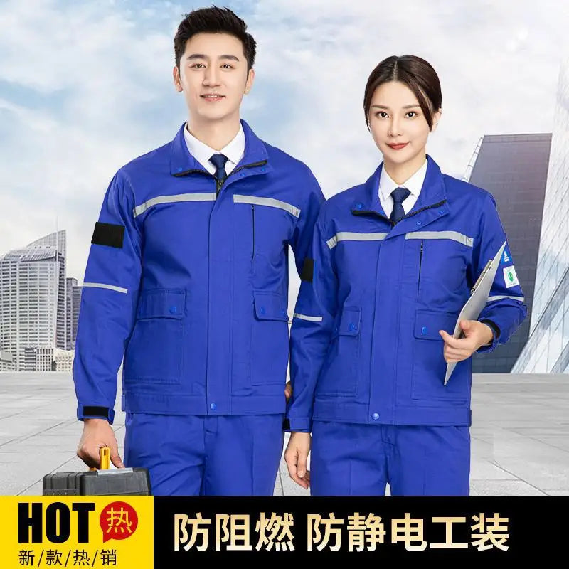 Blue anti-static flame-resistant welding suits for men and women, designed for safety and durability in industrial settings.
