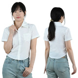 Woman wearing a short-sleeve white slim fit professional blouse, showcasing front and back views.