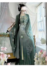 Elegant female in Song Dynasty Hanfu set with embroidered details, featuring a flowing skirt and delicate accessories.