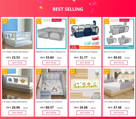 Collage of best-selling IMBABY baby safety bed barriers and playpens with discounted prices.