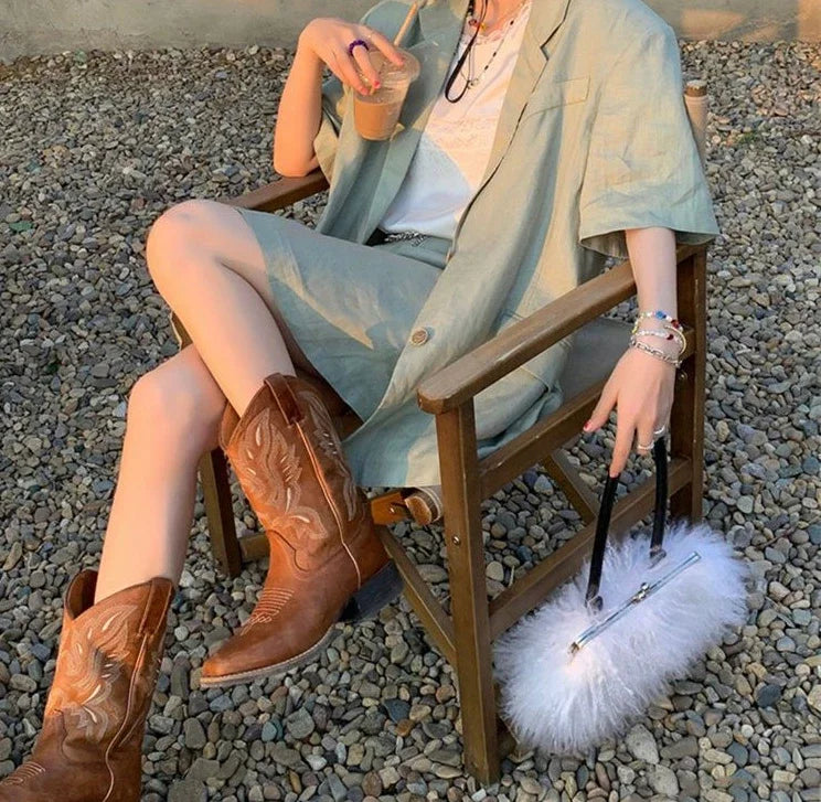 Women Mid Calf Boots Rose Embroidery Leather