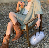 Women Mid Calf Boots Rose Embroidery Leather