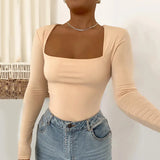 Women's Square Neck Long Sleeve Bodysuit – Sexy Bodycon Streetwear Top