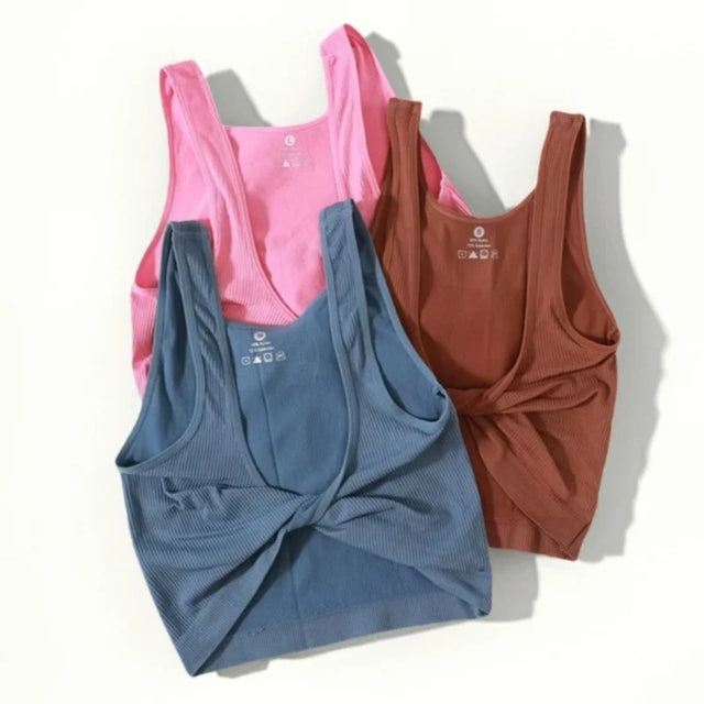 DeepVibe™ seamless ribbed crop tops in pink, blue, and brown for women, perfect for streetwear and casual outfits.