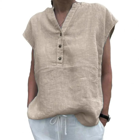 BreezyLuxe™ cotton linen V-neck blouse in beige, perfect for summer with quick-dry fabric. Stylish and comfortable.