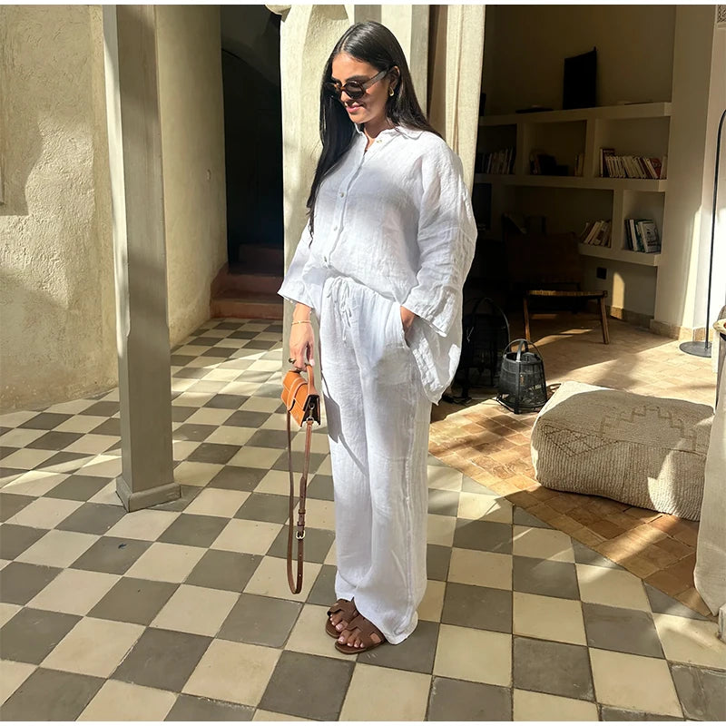 Women Cotton Wide Leg Pant Set