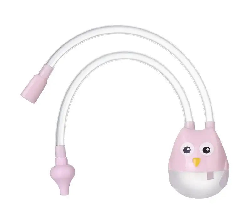 Nasal aspirator for infants in pink owl design, featuring silicone material and mouth suction for easy nasal cleansing.
