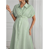 Light green striped short sleeve maternity shirt dress with a tie front, perfect for casual summer outings.