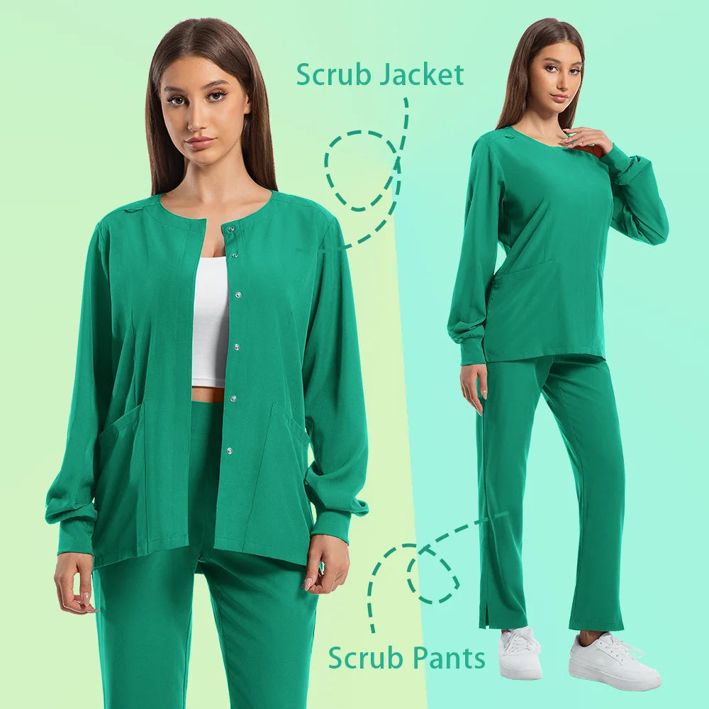 Dustproof nursing scrubs set featuring a long sleeve scrub jacket and matching scrub pants in vibrant green color.
