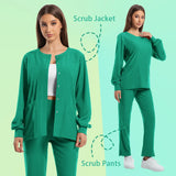 Dustproof nursing scrubs set featuring a long sleeve scrub jacket and matching scrub pants in vibrant green color.