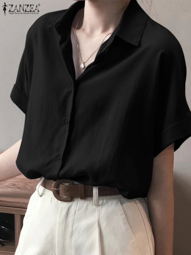 ZanzeaEase™ oversized summer blouse in black, featuring a button-down design and relaxed fit for women.