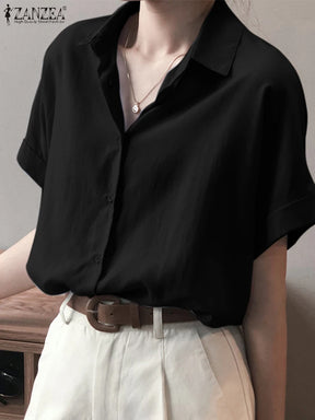 ZanzeaEase™ oversized summer blouse in black, featuring a button-down design and relaxed fit for women.