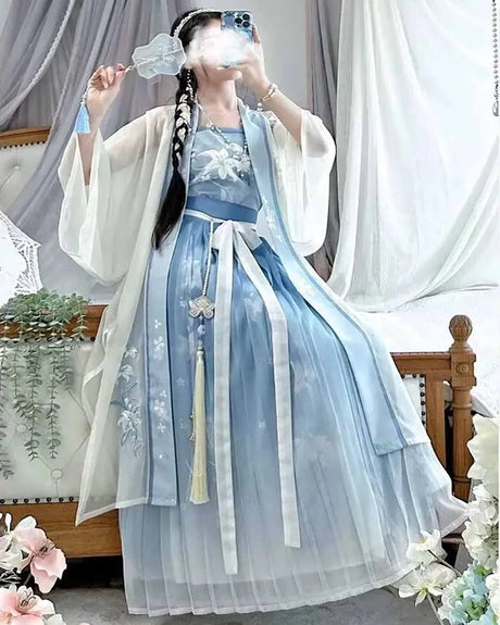 Plus size light-blue hanfu dress for women, featuring elegant design and vintage style, perfect for cosplay and Halloween.