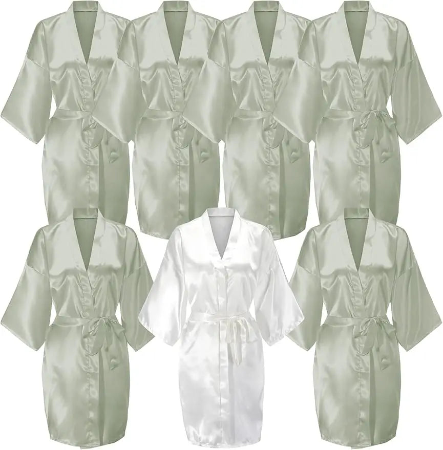 7-piece satin bride robe set in soft green and white, perfect for bridal parties and summer celebrations.