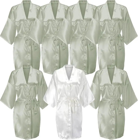 7-piece satin bride robe set in soft green and white, perfect for bridal parties and summer celebrations.