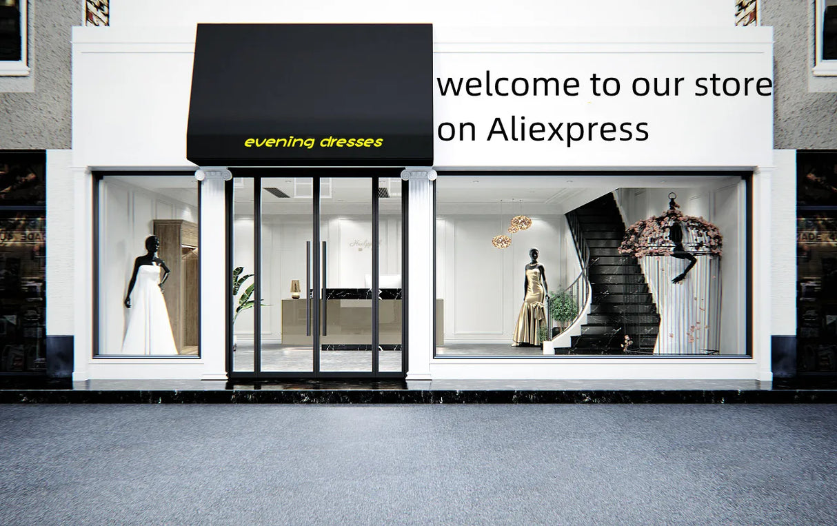 Elegant storefront showcasing evening dresses with welcoming sign for Aliexpress shoppers.
