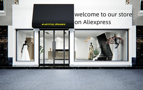Elegant storefront showcasing evening dresses with welcoming sign for Aliexpress shoppers.