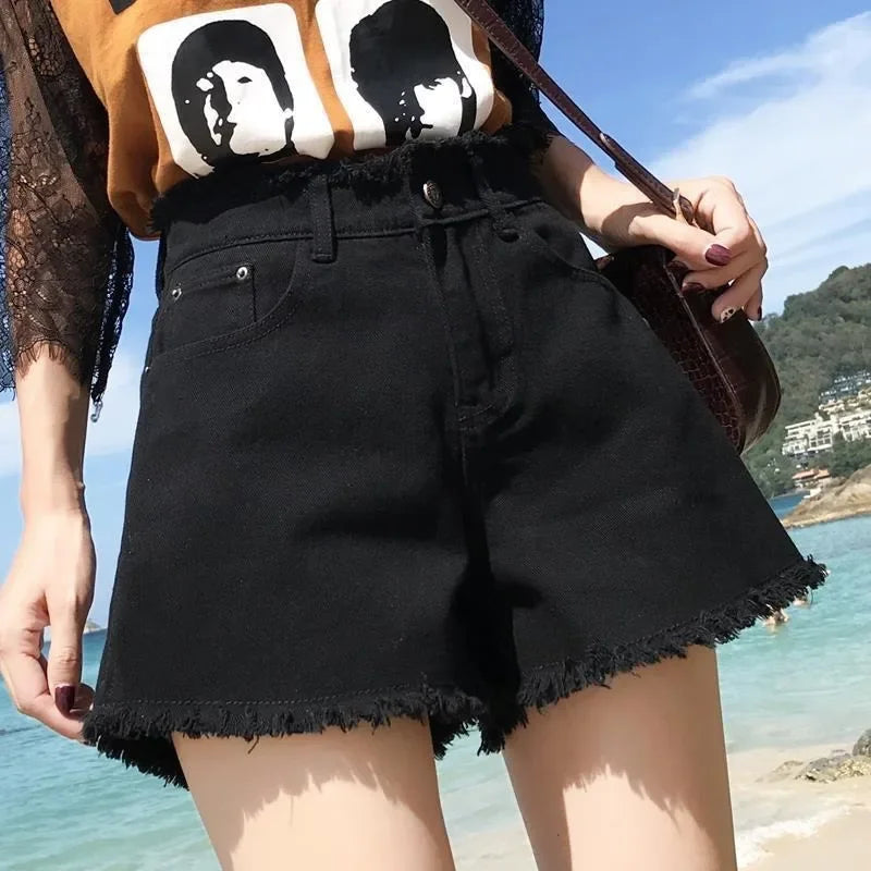 High Waist Black Tassel Denim Shorts for Women