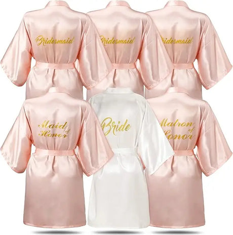 6-piece satin bridesmaid robe set including Bride, Matron of Honor, and Maid of Honor robes in pink and white.