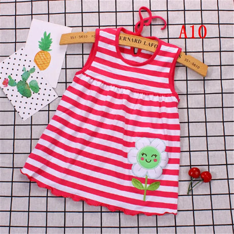 Newborn Girls Cotton Flower Sleeveless Dress in Red Stripes, perfect for summer, suitable for ages 0-2 years.