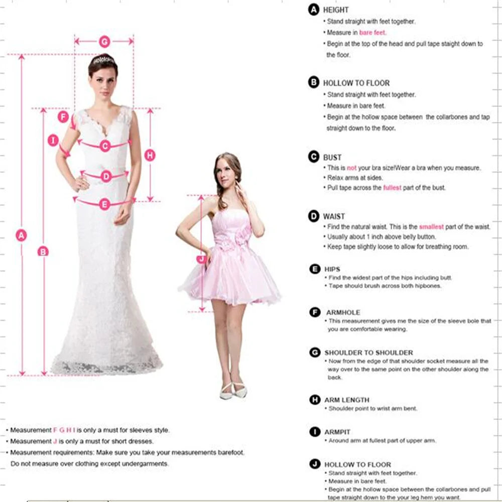 Measurement guide for dress fitting, showing sizes for height, bust, waist, hips, and arm length with models in two dresses.