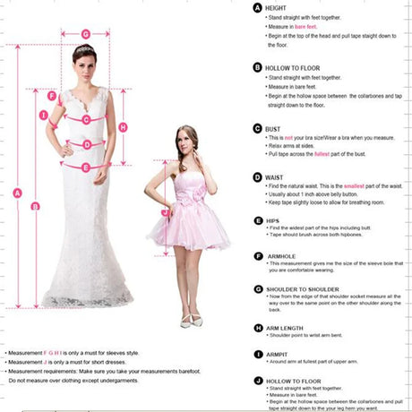 Measurement guide for dress fitting, showing sizes for height, bust, waist, hips, and arm length with models in two dresses.