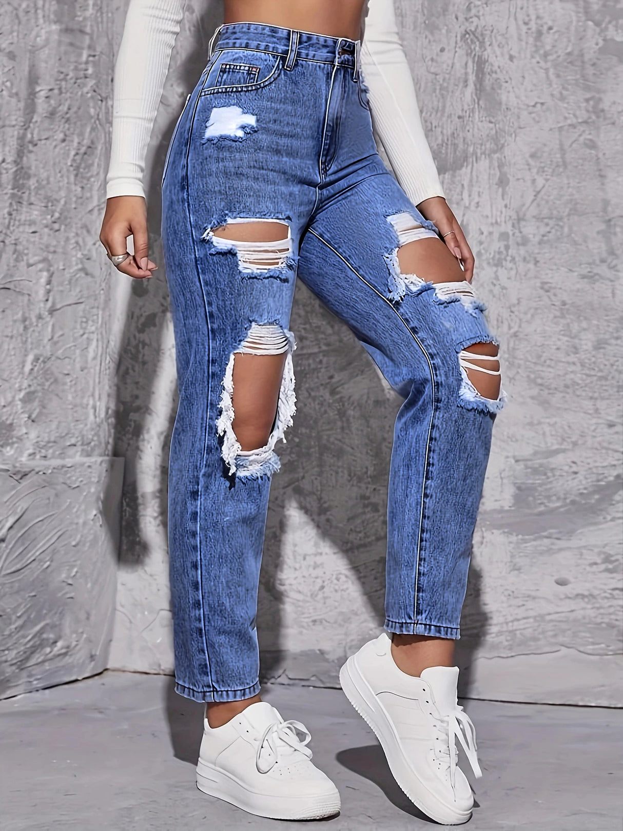 Women Retro Hole Wide-Leg Jeans