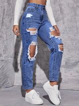 Women Retro Hole Wide-Leg Jeans