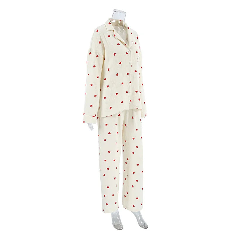Women Cotton Pajama Set with Hearts