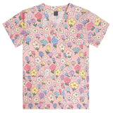 Pink floral printed women's hospital nurse scrubs, breathable cotton medical uniform with multiple pockets.